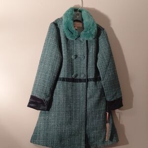 Biscotti Teal Tweed Coat with Faux Fur Collar Size 6 NWT